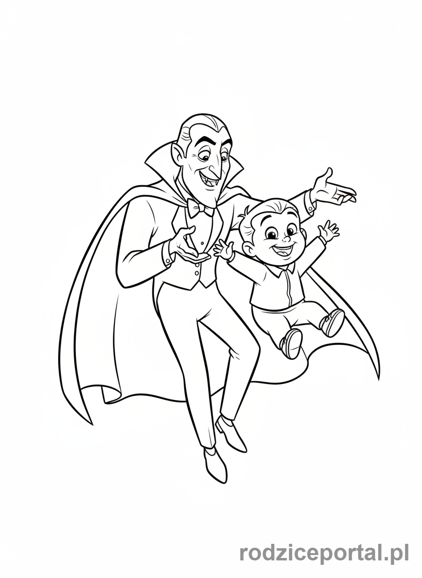 Kolorowanka Hotel Transylwania - Dracula uczący Dennisa latać.