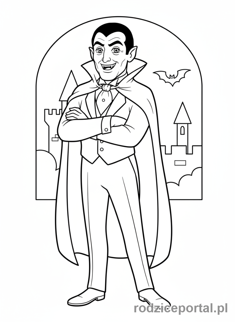 Kolorowanka Hotel Transylwania - Dracula uśmiechający się z urokiem.