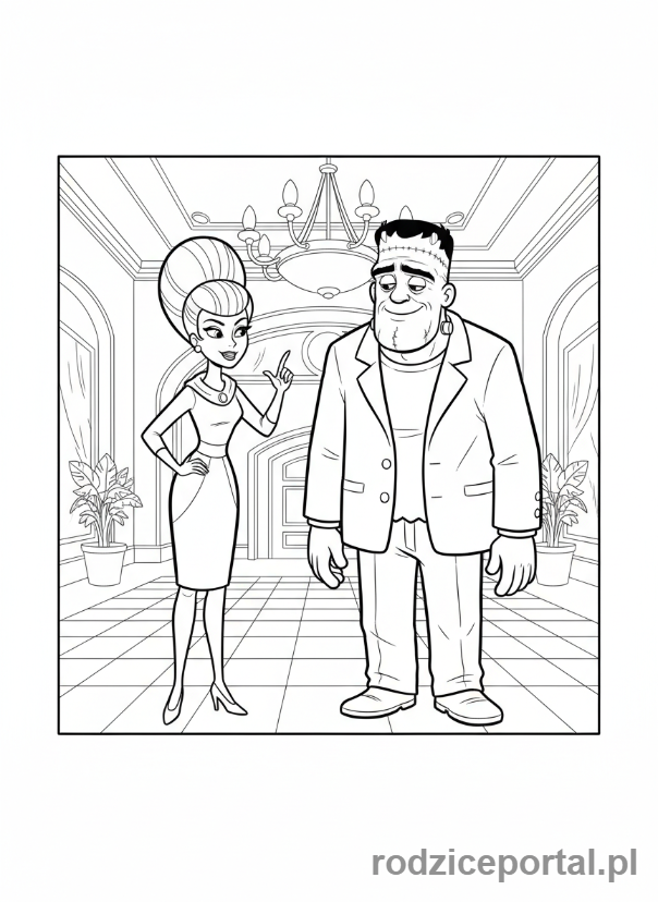 Kolorowanka Hotel Transylwania - Eunice żartobliwie strofująca Frankensteina.