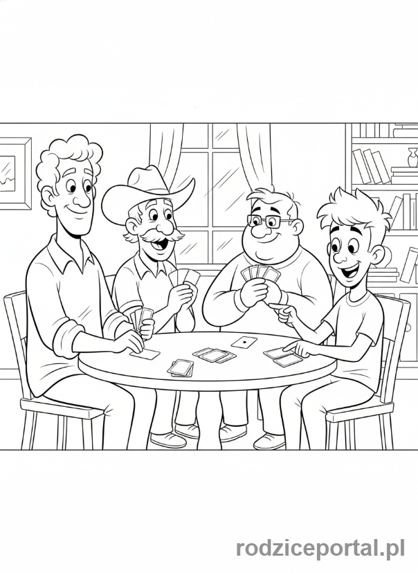 Kolorowanka Hotel Transylwania - Frank, Wayne, Murray i Griffin grający w karty.