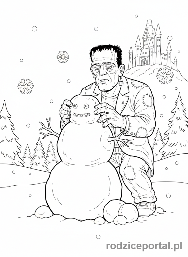 Kolorowanka Hotel Transylwania - Frankenstein budujący bałwana-potwora.