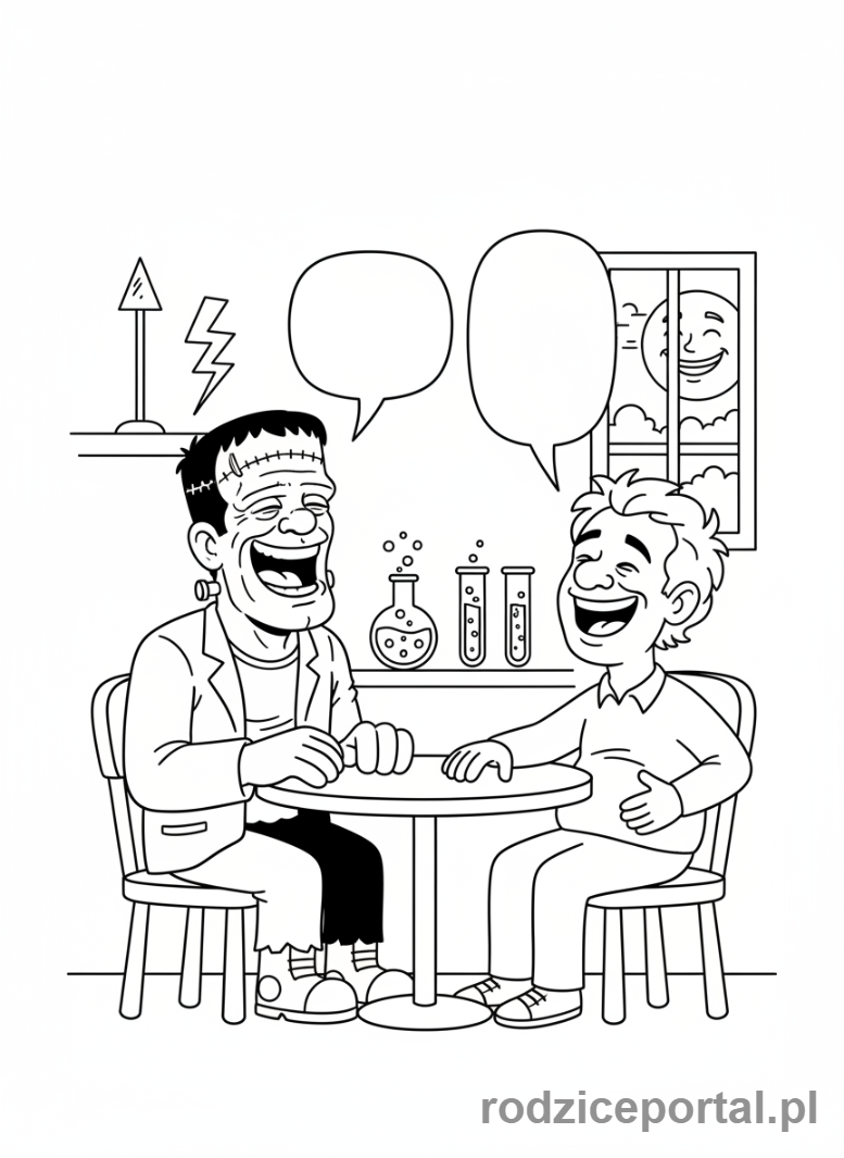 Kolorowanka Hotel Transylwania - Frankenstein i Murray opowiadający sobie dowcipy.