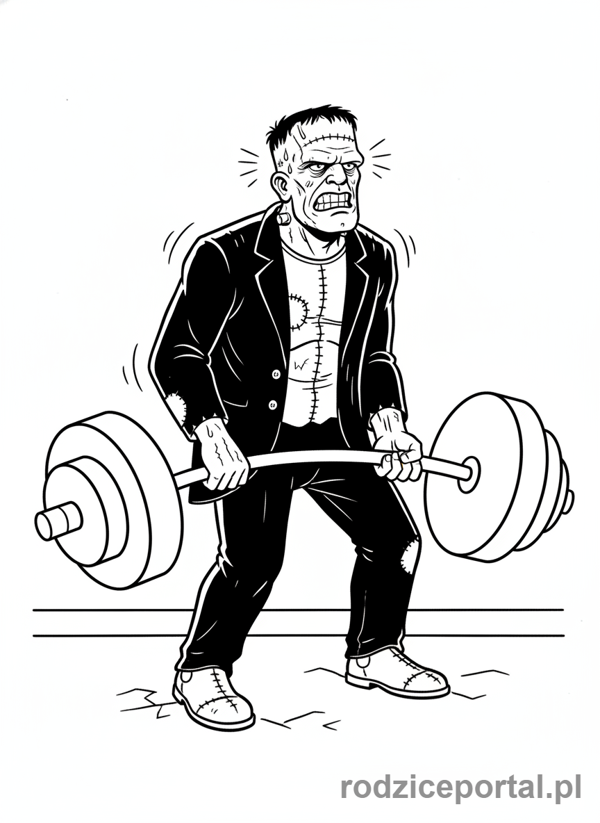 Kolorowanka Hotel Transylwania - Frankenstein podnoszący ciężary, z wysiłkiem.