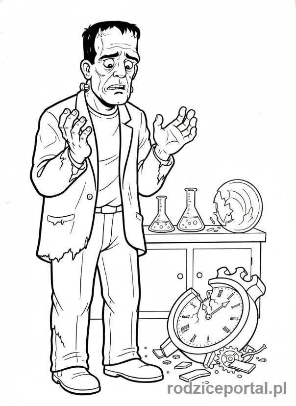 Kolorowanka Hotel Transylwania - Frankenstein przypadkowo coś psujący, z zakłopotaniem.