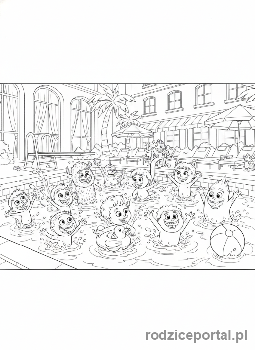 Kolorowanka Hotel Transylwania - Grupa dzieci-potworów bawiących się w hotelowym basenie.