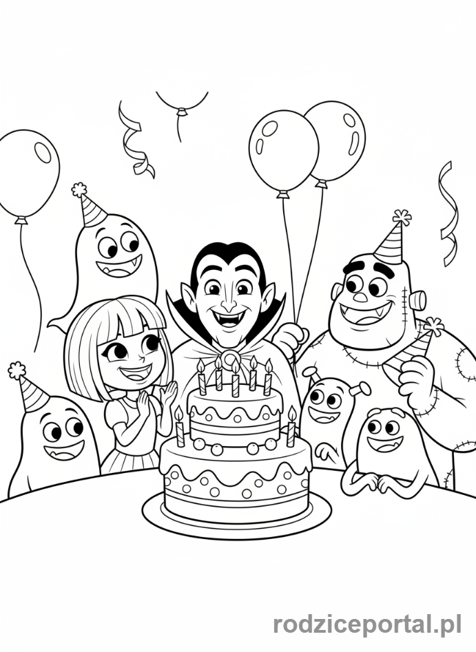 Kolorowanka Hotel Transylwania - Grupa potworów świętująca urodziny z tortem.