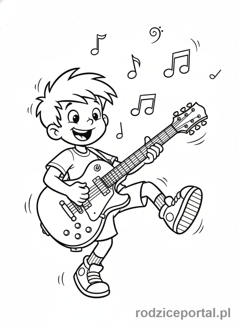 Kolorowanka Hotel Transylwania - Johnny grający na gitarze elektrycznej, energiczna poza.