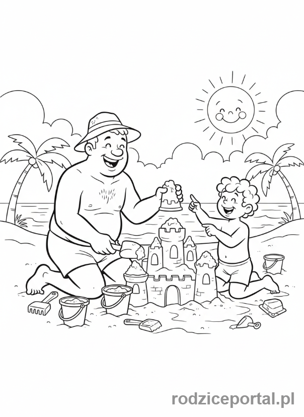 Kolorowanka Hotel Transylwania - Johnny i Dennis budujący zamek z piasku na plaży.