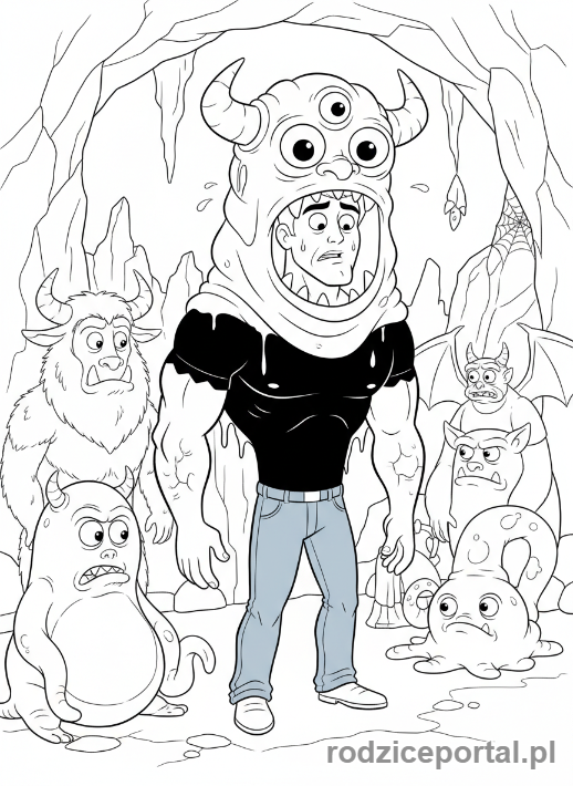 Kolorowanka Hotel Transylwania - Johnny próbujący wtopić się w tłum potworów w przebraniu.