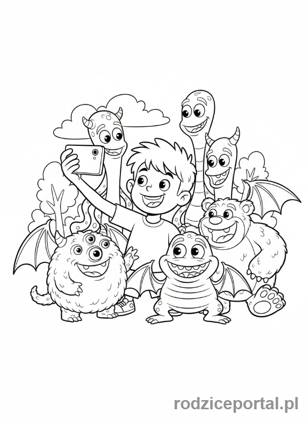 Kolorowanka Hotel Transylwania - Johnny robiący selfie z grupą potworów.