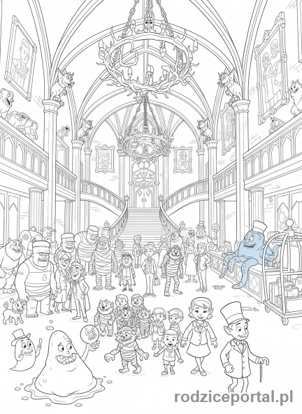 Kolorowanka Hotel Transylwania - Lobby Hotelu Transylwania pełne potworów.