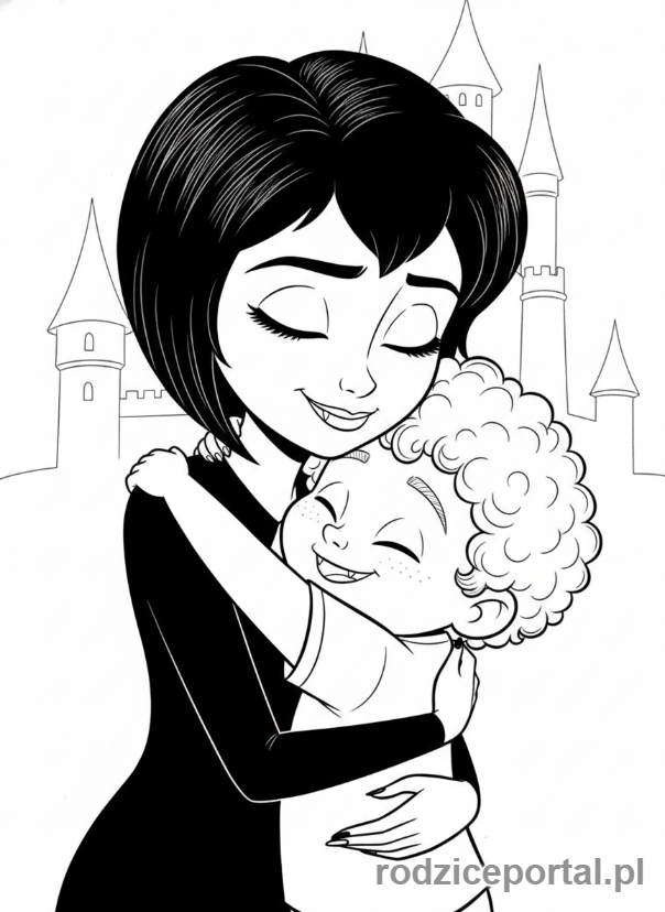 Kolorowanka Hotel Transylwania - Mavis i Dennis obejmujący się czule.