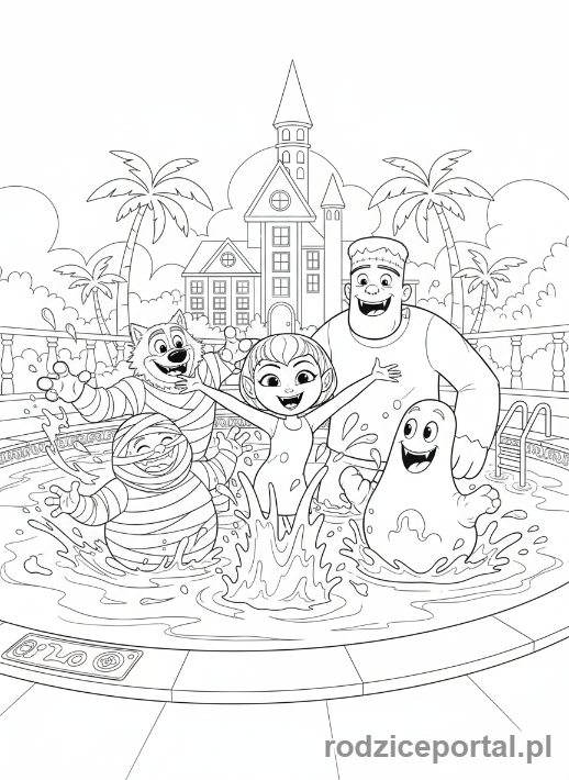 Kolorowanka Hotel Transylwania - Mavis i jej przyjaciele potwory pływający w basenie.