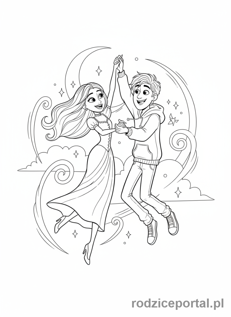 Kolorowanka Hotel Transylwania - Mavis i Johnny tańczący w powietrzu