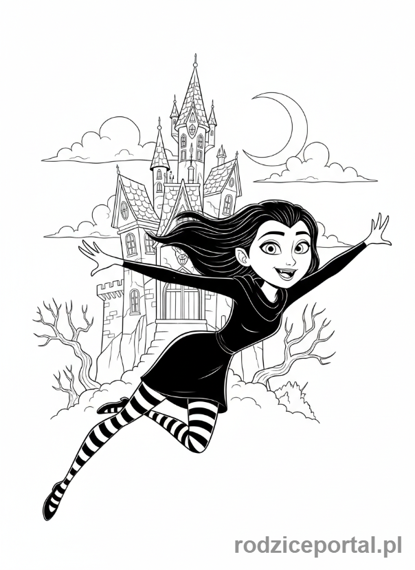 Kolorowanka Hotel Transylwania - Mavis przelatująca obok strasznego zamku.