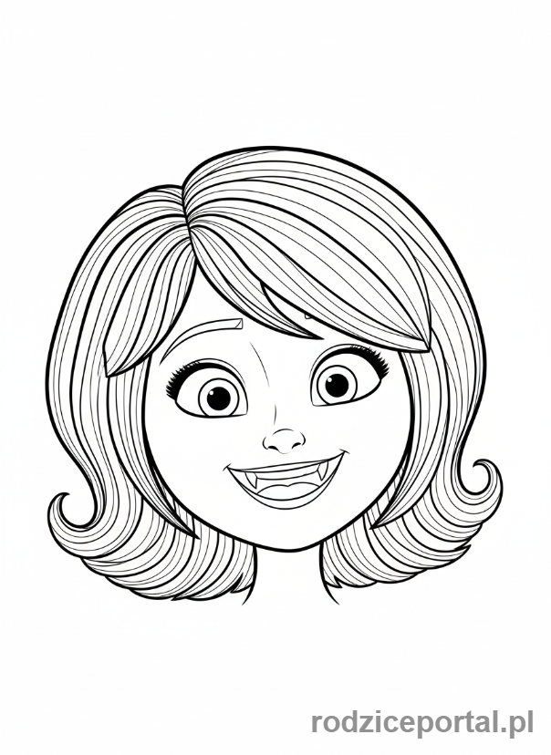 Kolorowanka Hotel Transylwania - Mavis uśmiechnięta, zbliżenie na twarz.