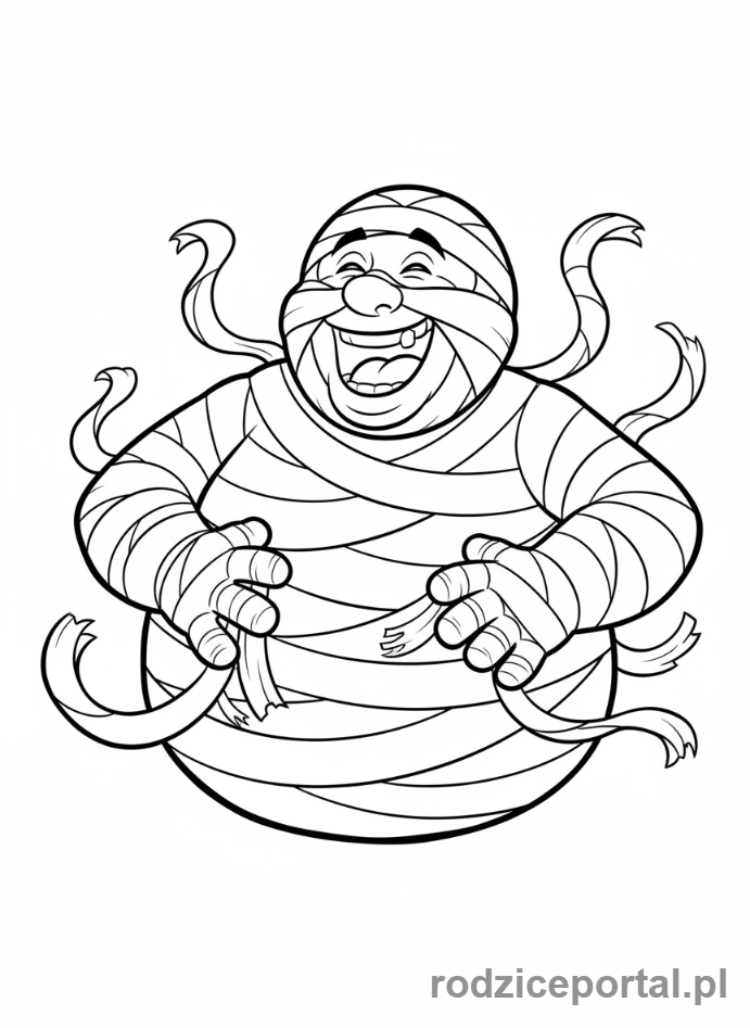 Kolorowanka Hotel Transylwania - Mumia Murray śmiejąca się serdecznie, zbliżenie.