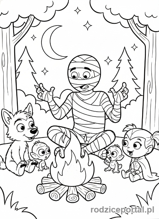 Kolorowanka Hotel Transylwania - Murray opowiadający straszną historię przy ognisku.