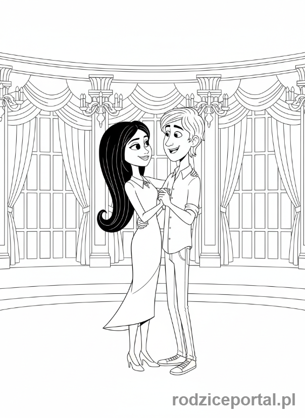 Kolorowanka Hotel Transylwania - Romantyczna scena między Mavis i Johnnym, tańczących.