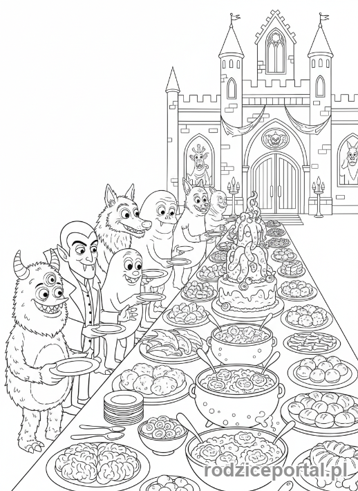 Kolorowanka Hotel Transylwania - Scena potwornego bufetu z różnorodnymi daniami.