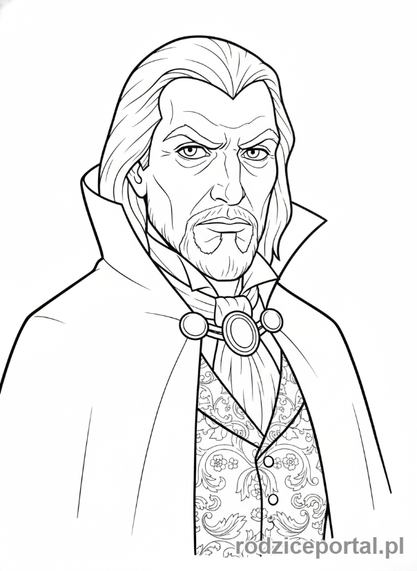 Kolorowanka Hotel Transylwania - Vlad, ojciec Draculi, surowy portret.