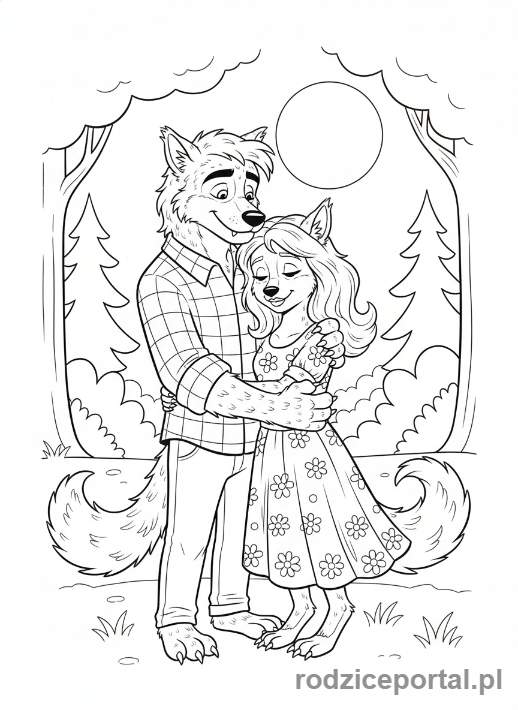 Kolorowanka Hotel Transylwania - Wayne i Wanda wilkołaki tulące się do siebie.