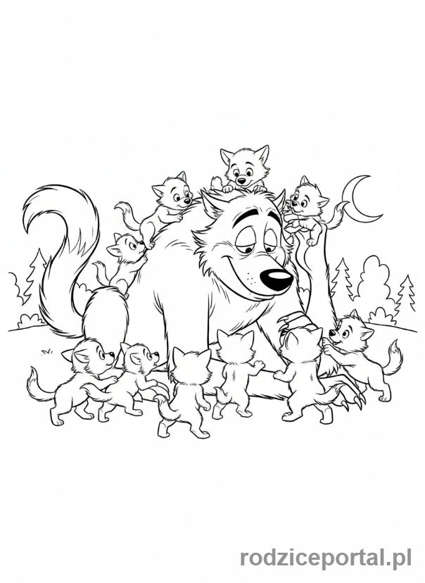 Kolorowanka Hotel Transylwania - Wayne otoczony przez swoje liczne szczenięta wilkołaków.