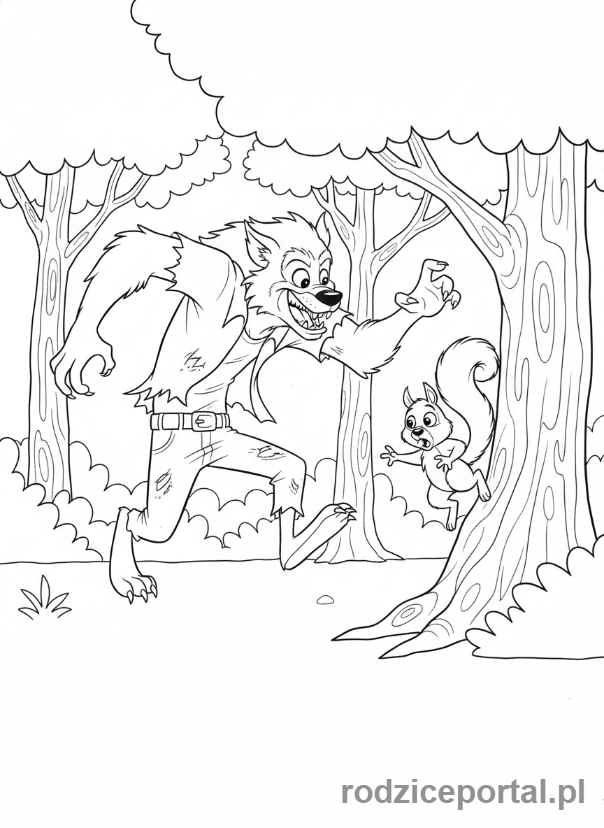 Kolorowanka Hotel Transylwania - Wayne wilkołak goniący wiewiórkę przez las.