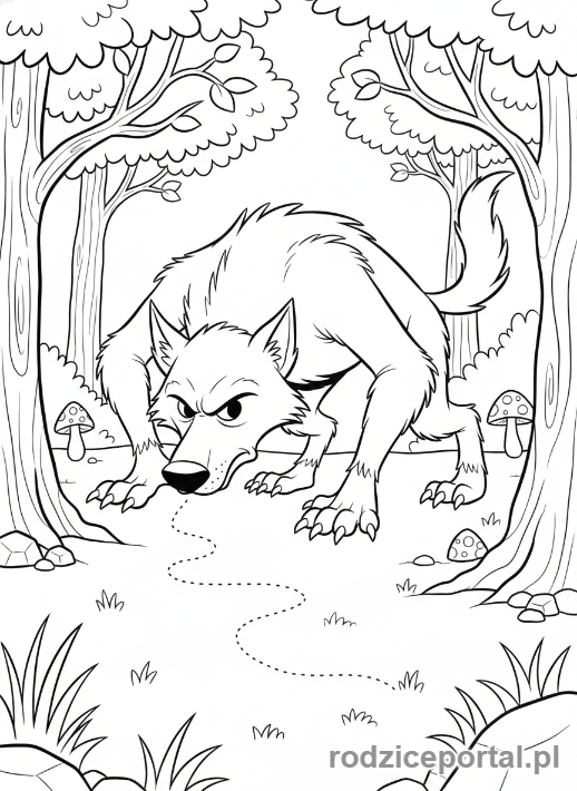 Kolorowanka Hotel Transylwania - Wayne wilkołak węszy trop w lesie.