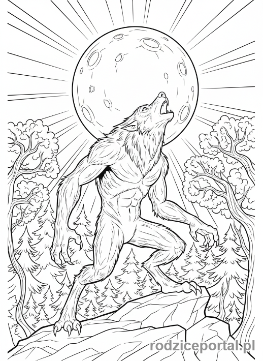 Kolorowanka Hotel Transylwania - Wayne wilkołak wyjący do pełni księżyca.