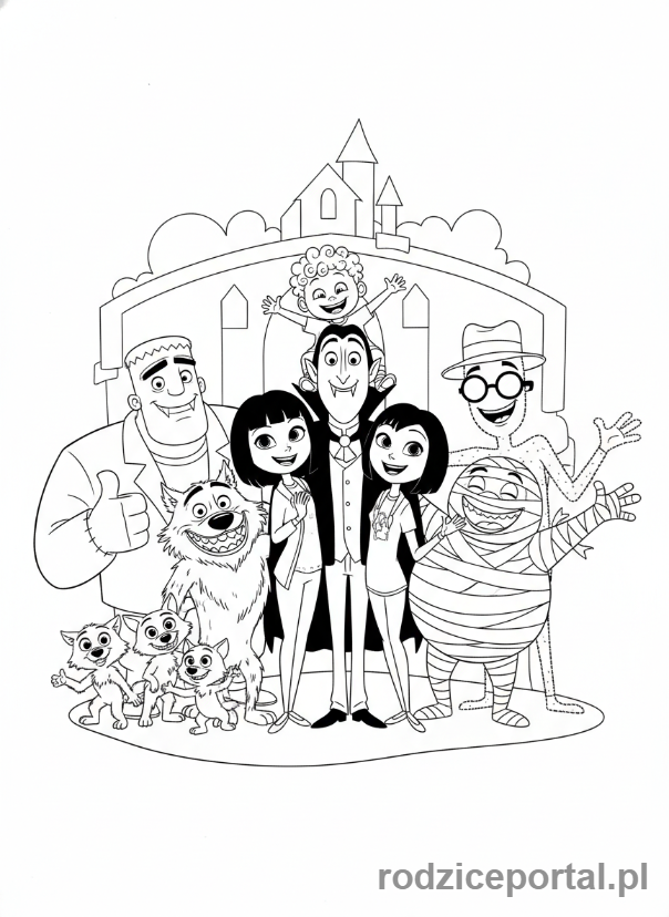 Kolorowanka Hotel Transylwania - Wszystkie główne postacie zgromadzone do zdjęcia grupowego.