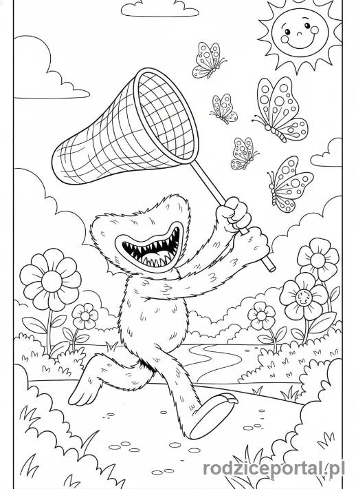 Kolorowanka Huggy Wuggy - Huggy Wuggy łapiący motyle