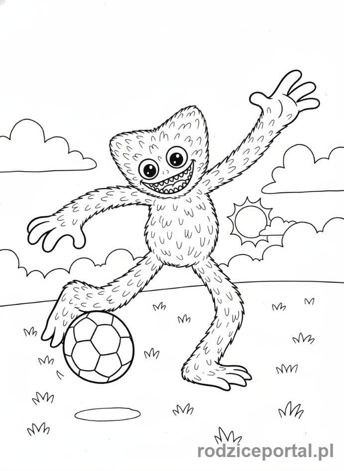 Kolorowanka Huggy Wuggy - Huggy Wuggy bawiący się piłką