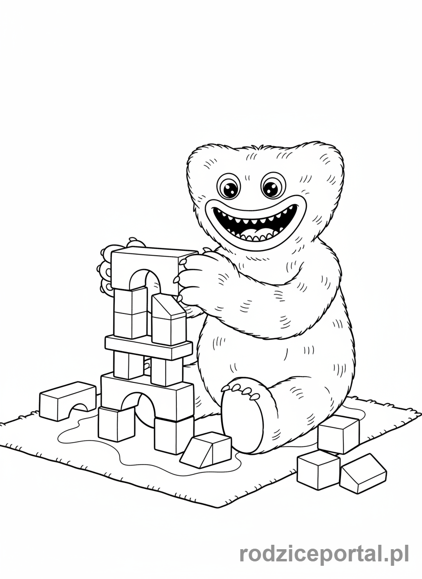 Kolorowanka Huggy Wuggy - Huggy Wuggy budujący wieżę z klocków