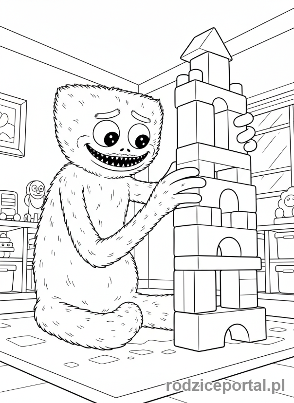 Kolorowanka Huggy Wuggy - Huggy Wuggy budujący z klocków