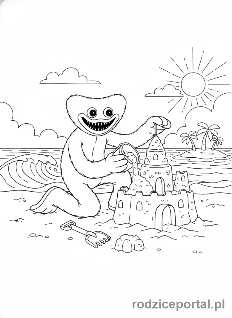 Kolorowanka Huggy Wuggy - Huggy Wuggy budujący zamek z piasku