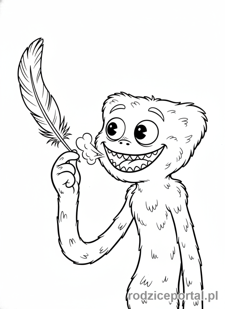 Kolorowanka Huggy Wuggy - Huggy Wuggy dmuchający piórko