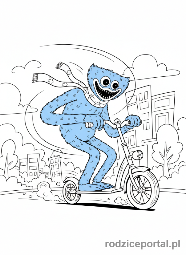 Kolorowanka Huggy Wuggy - Huggy Wuggy jeżdżący na hulajnodze
