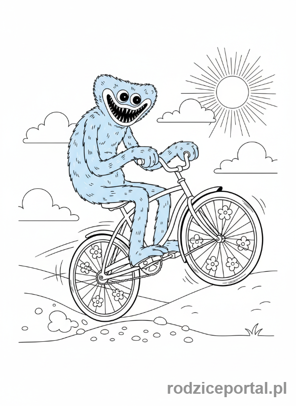 Kolorowanka Huggy Wuggy - Huggy Wuggy jeżdżący na rowerze