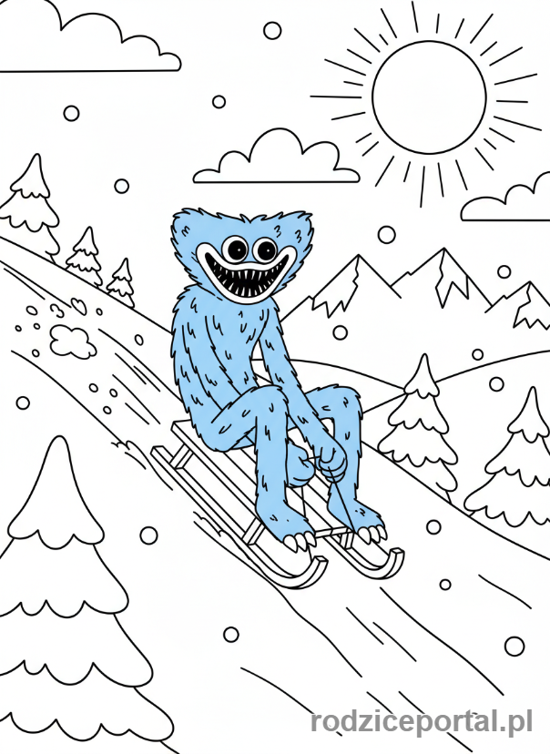 Kolorowanka Huggy Wuggy - Huggy Wuggy na sankach