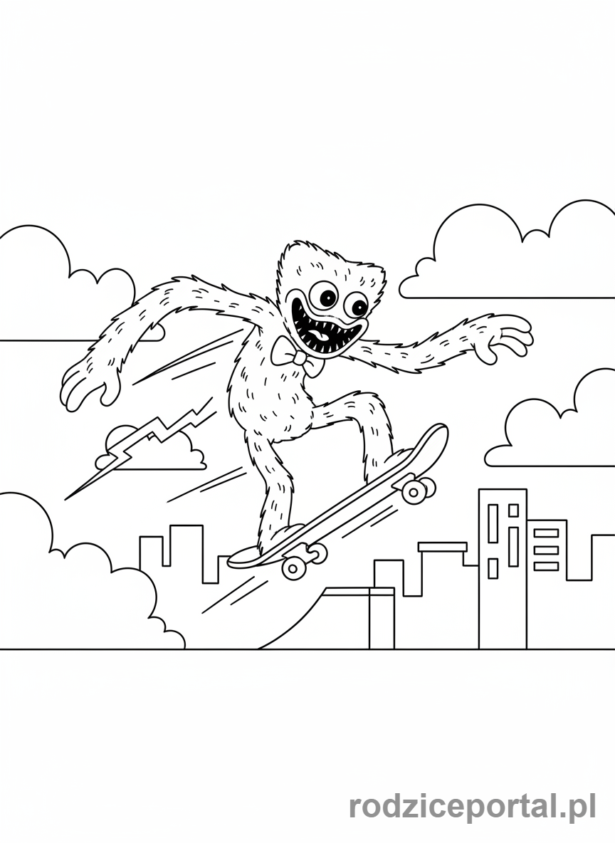 Kolorowanka Huggy Wuggy - Huggy Wuggy pędzący na deskorolce