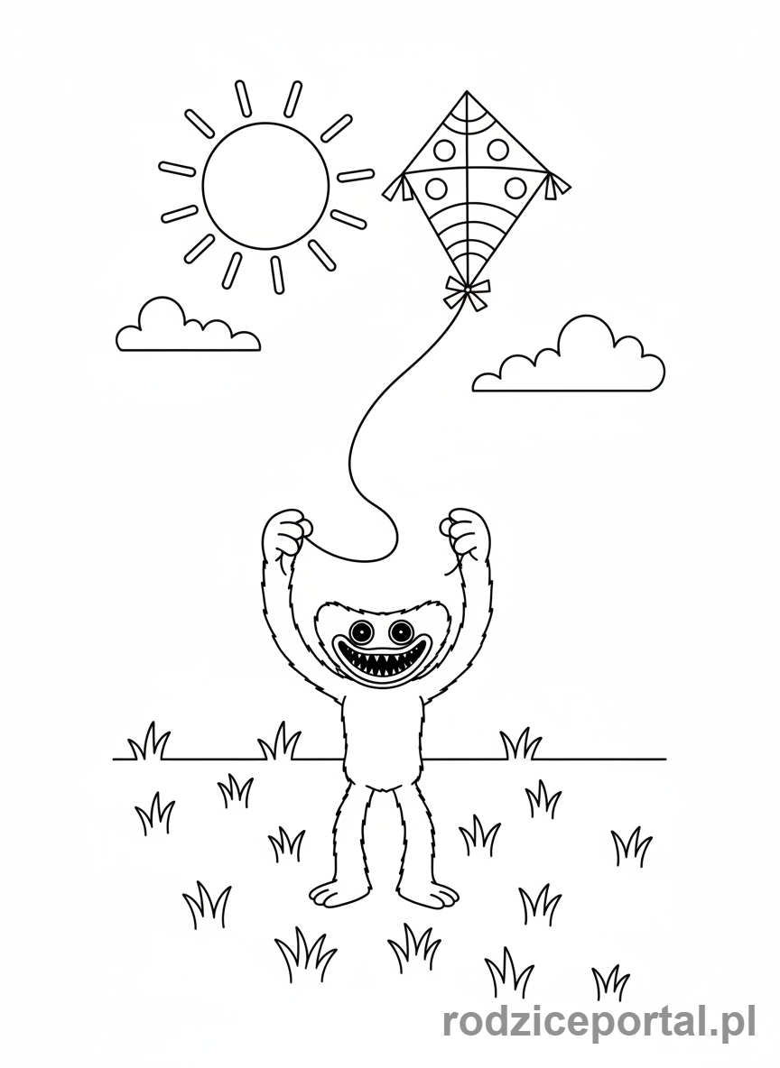 Kolorowanka Huggy Wuggy - Huggy Wuggy puszczający latawiec