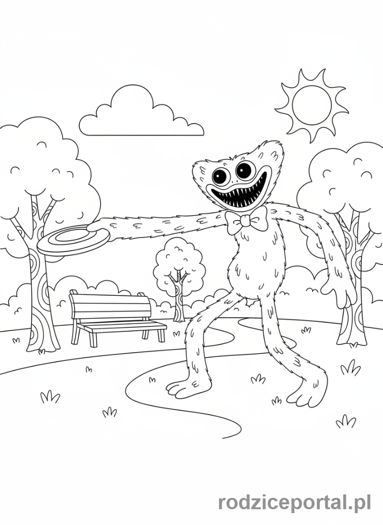 Kolorowanka Huggy Wuggy - Huggy Wuggy rzucający frisbee