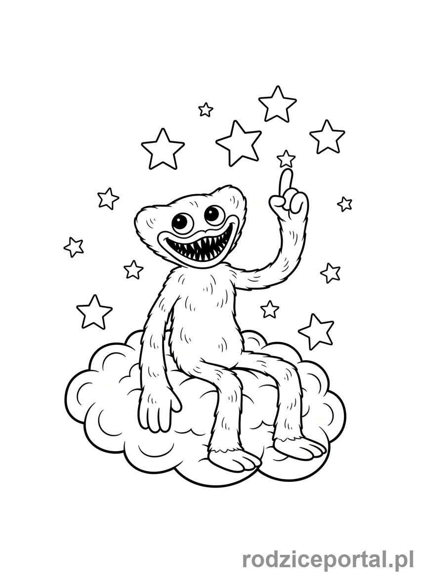 Kolorowanka Huggy Wuggy - Huggy Wuggy siedzący na chmurze