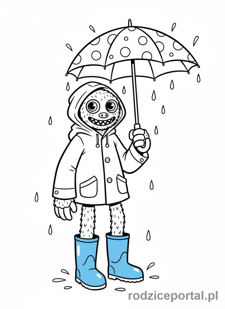 Kolorowanka Huggy Wuggy - Huggy Wuggy w płaszczu przeciwdeszczowym