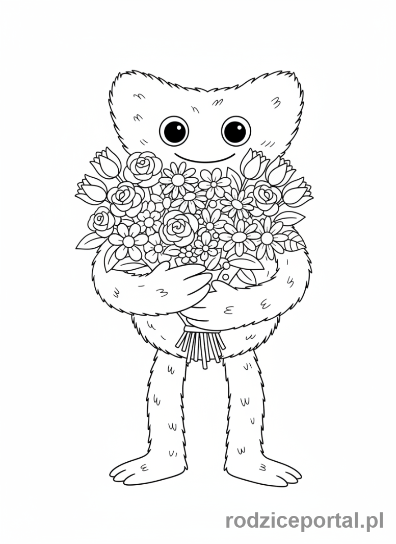 Kolorowanka Huggy Wuggy - Huggy Wuggy z bukietem kwiatów