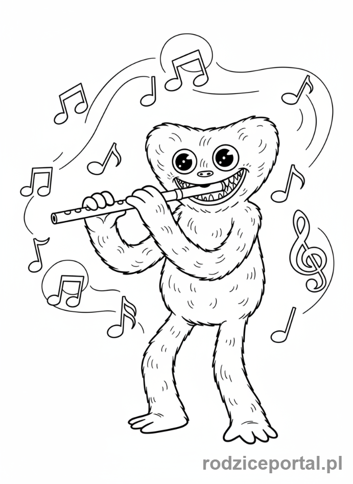 Kolorowanka Huggy Wuggy - Huggy Wuggy z fletem i nutami