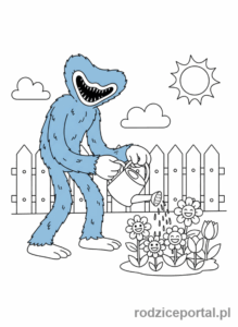 Kolorowanka Huggy Wuggy - Huggy Wuggy z konewką podlewający kwiaty