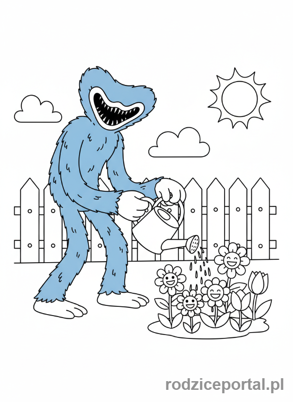 Kolorowanka Huggy Wuggy - Huggy Wuggy z konewką podlewający kwiaty