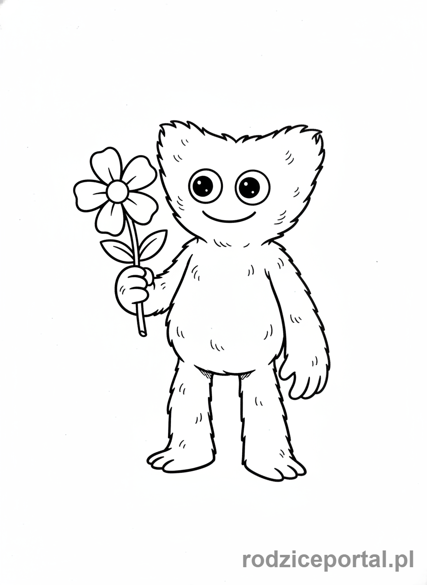 Kolorowanka Huggy Wuggy - Huggy Wuggy z kwiatkiem w dłoni